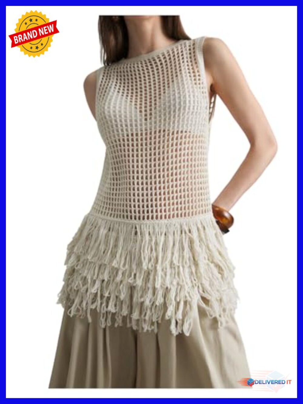 Hollow Out Fringe Knitted Tank Top Sexy Sheer Sleeveless Long Sweater Vest